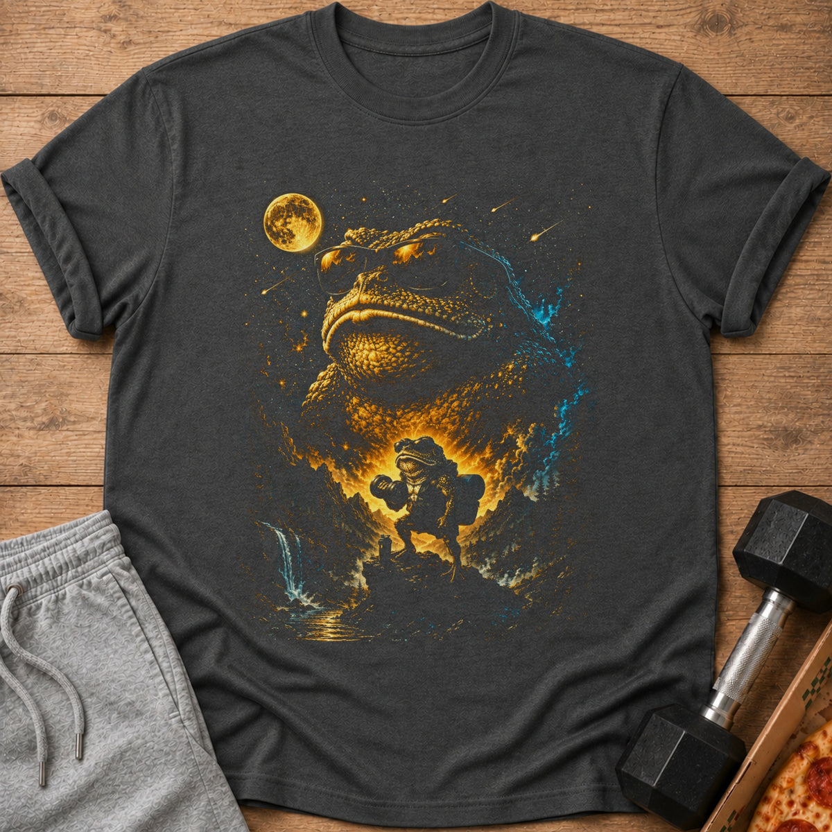 Dark t-shirt with a graphic of a large toad wearing sunglasses and a small toad with a backpack.