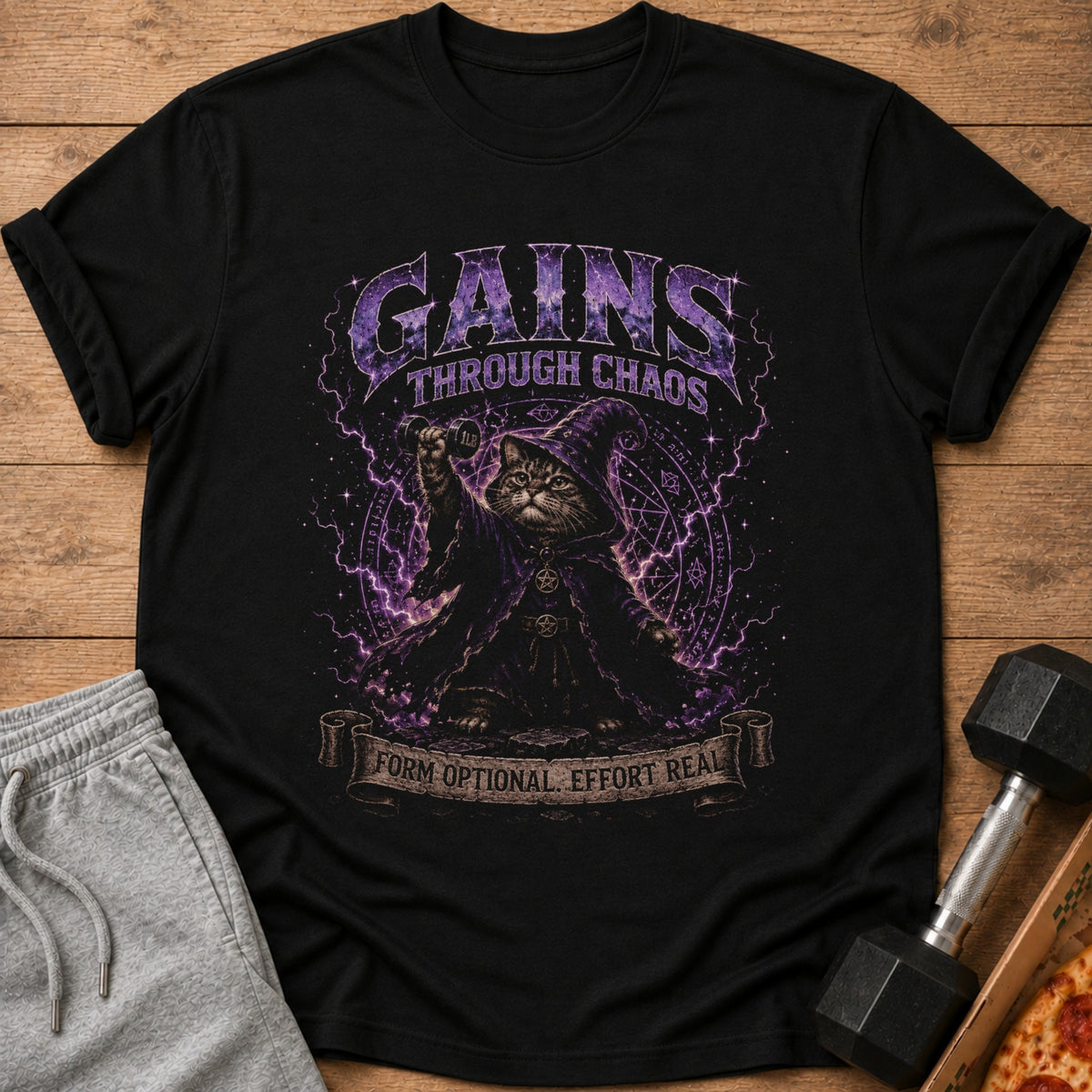 Black t-shirt with a wizard cat lifting a dumbbell, text "GAINS THROUGH CHAOS" and "FORM OPTIONAL. EFFORT REAL."