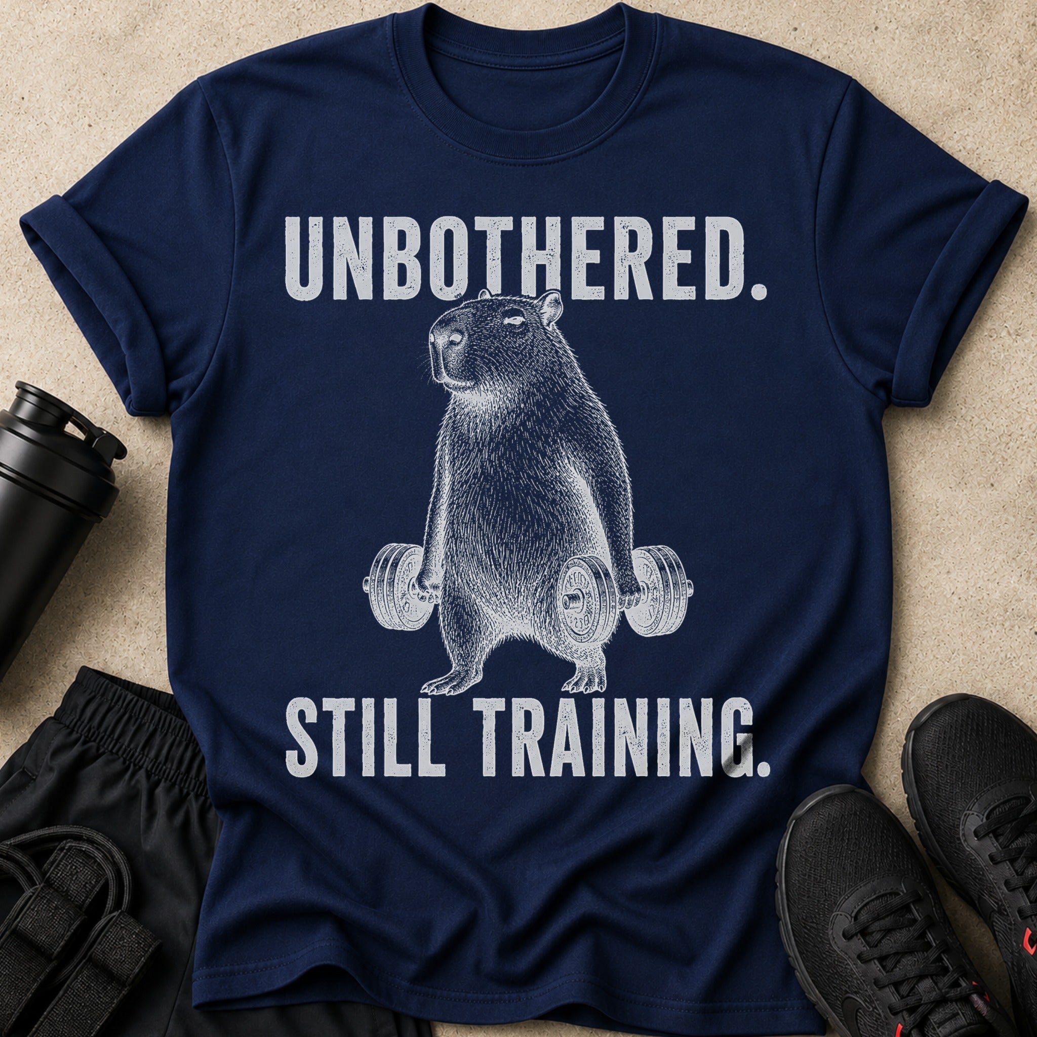 Navy t-shirt with capybara lifting weights, text reads "UNBOTHERED. STILL TRAINING."