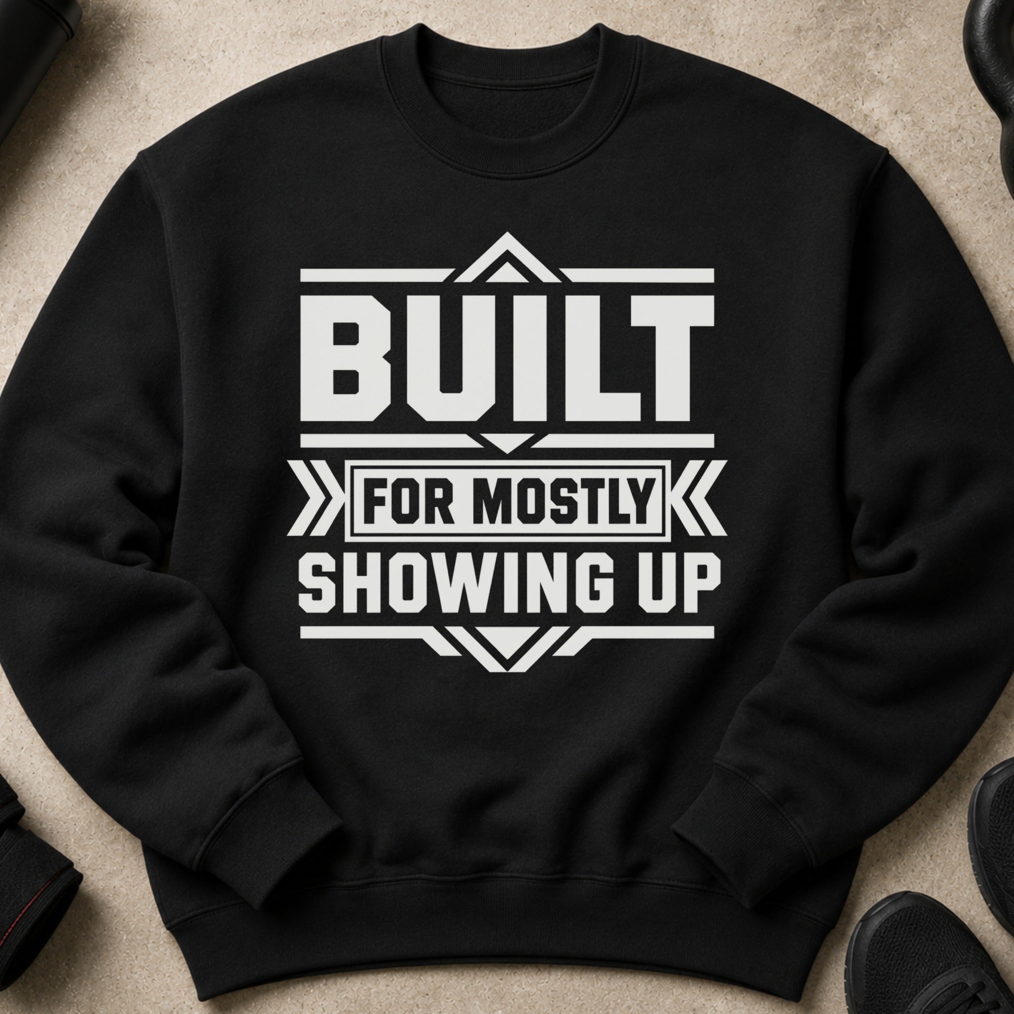 Black sweatshirt with white text "BUILT FOR MOSTLY SHOWING UP".