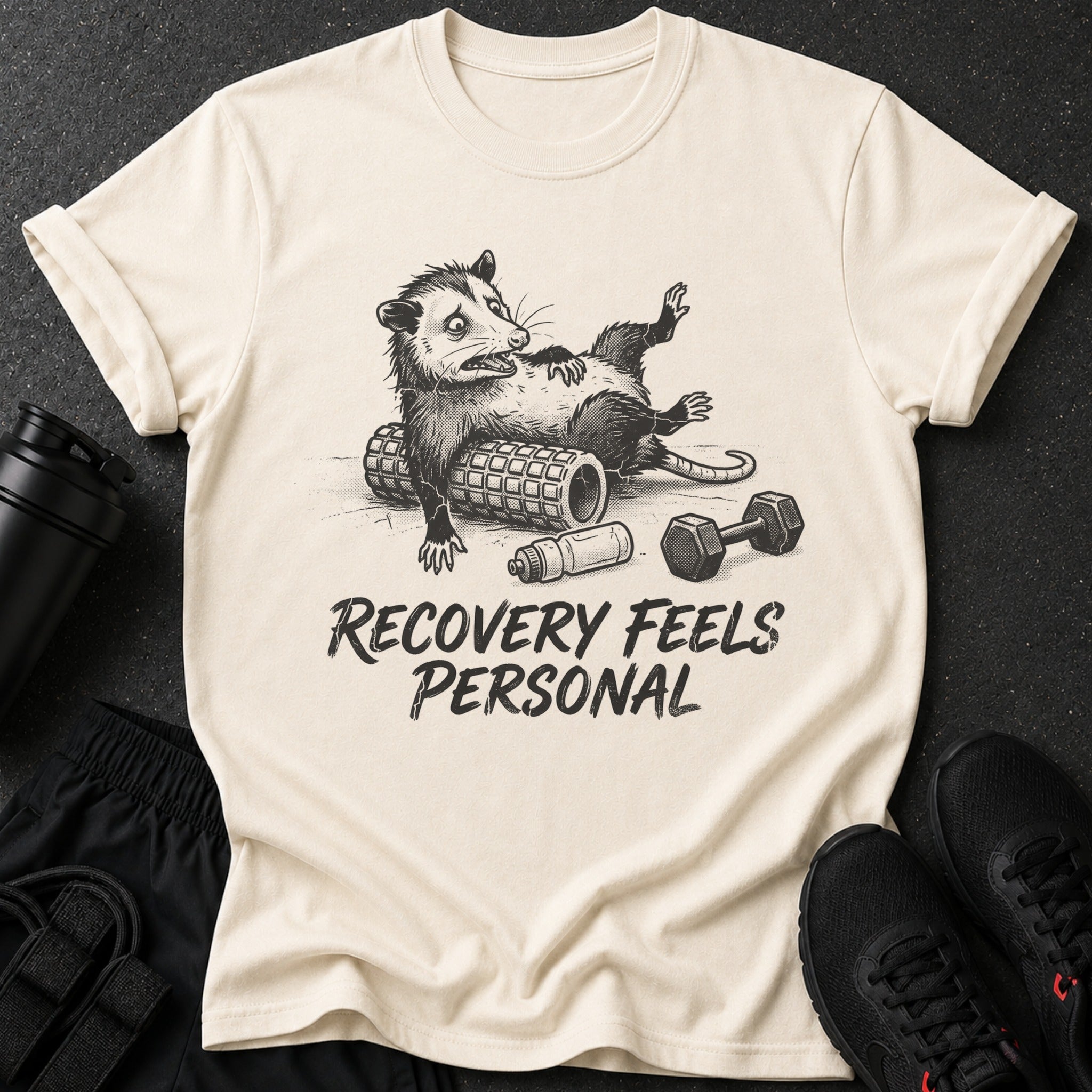 Opossum on foam roller with dumbbell and text "RECOVERY FEELS PERSONAL".
