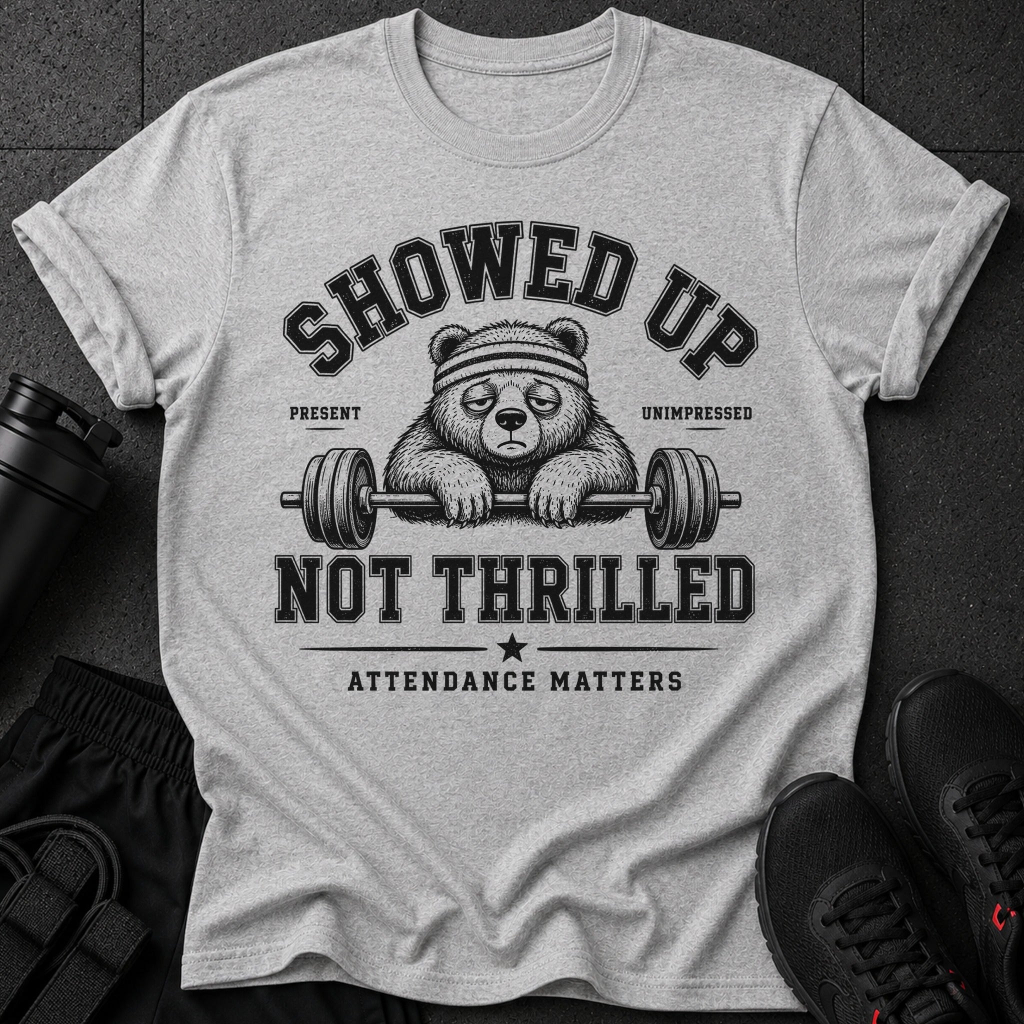 Grey t-shirt with a bear wearing a headband, holding a barbell, and text "SHOWED UP UNIMPRESSED" and "NOT THRILLED".