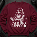 Maroon sweatshirt with a sweating avocado graphic and text "Cardio Happened".