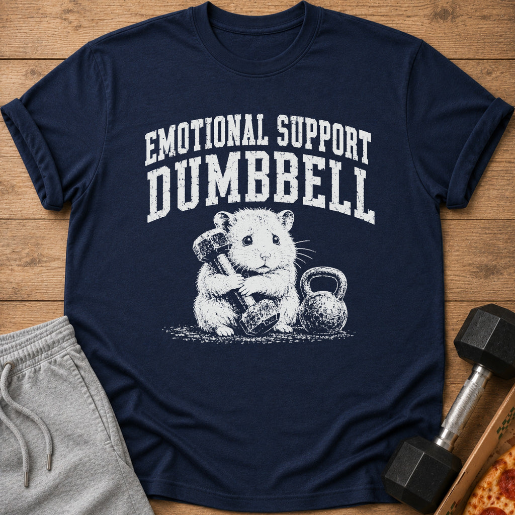 Navy t-shirt with "Emotional Support Dumbbell" text and a hamster holding a dumbbell.
