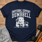 Navy t-shirt with "Emotional Support Dumbbell" text and a hamster holding a dumbbell.