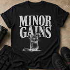 Black t-shirt with distressed "Minor Gains" text and a mouse lifting a dumbbell.