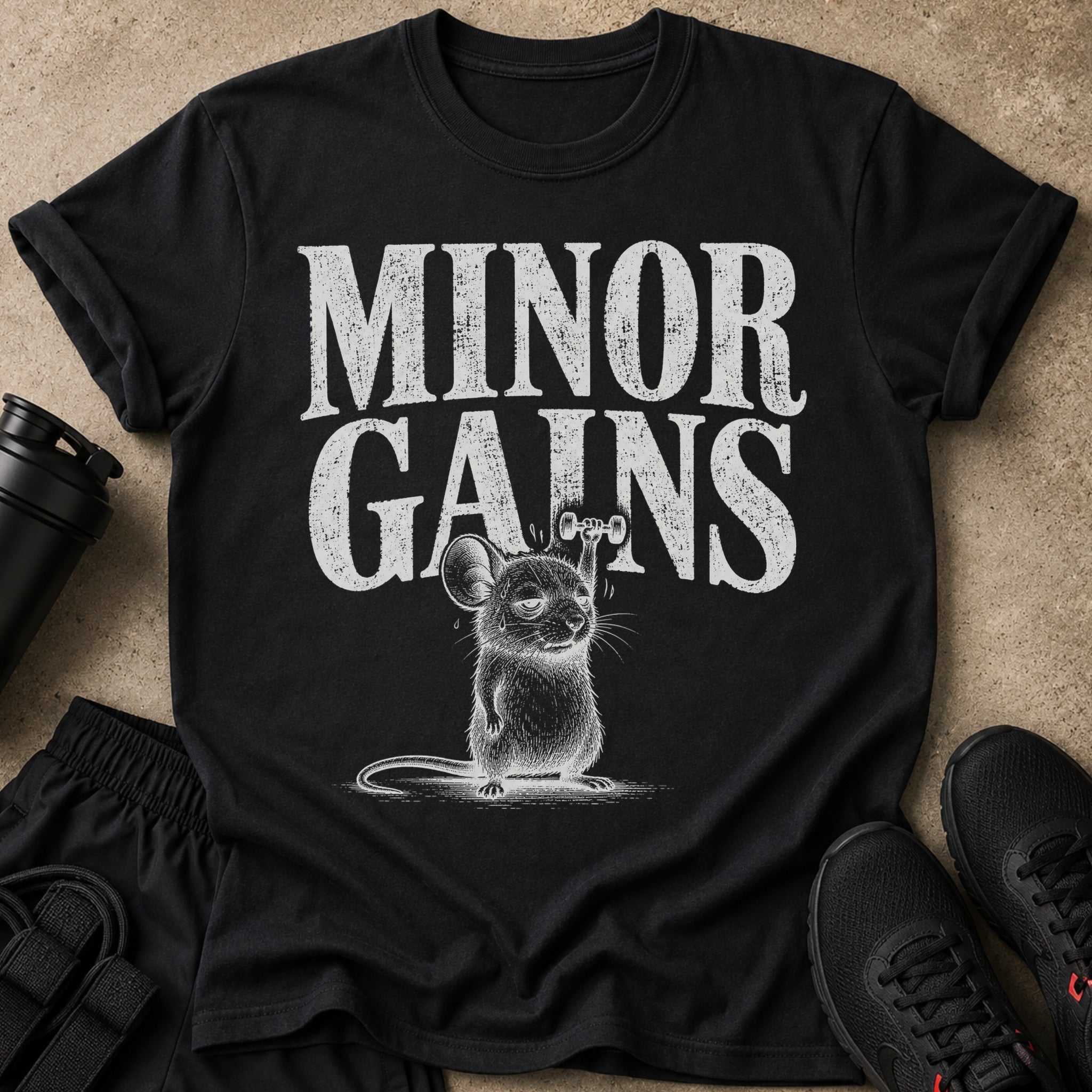 Black t-shirt with distressed "Minor Gains" text and a mouse lifting a dumbbell.