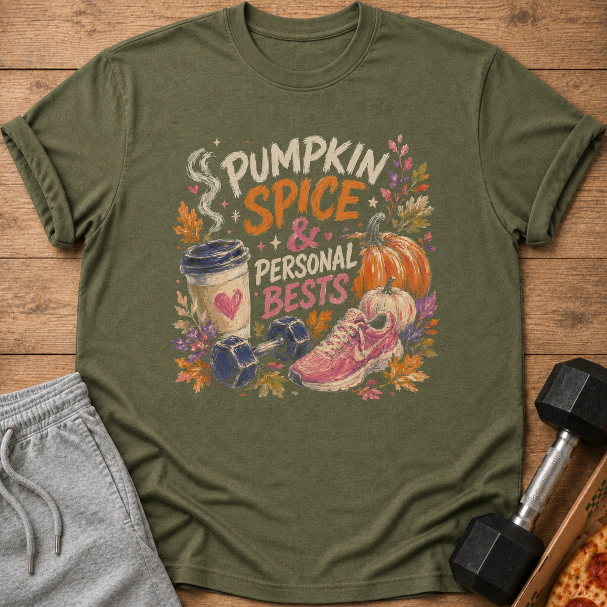 Olive green t-shirt with "Pumpkin Spice & Personal Bests" text, coffee cup, dumbbell, and sneaker.