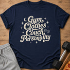 Navy t-shirt with "Gym Clothes Couch Personality" text and dumbbell graphic.