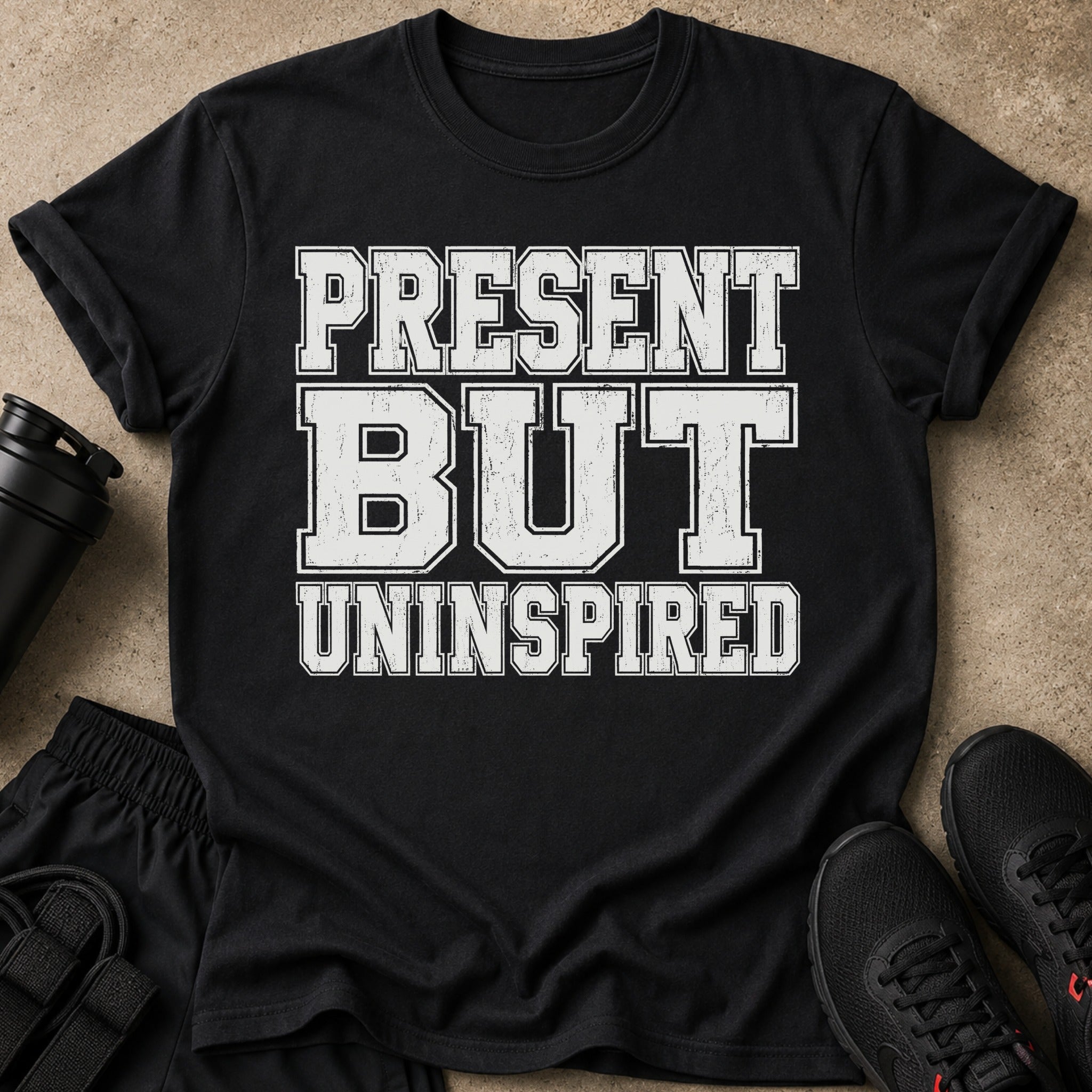 Black t-shirt with distressed white text: PRESENT BUT UNINSPIRED.