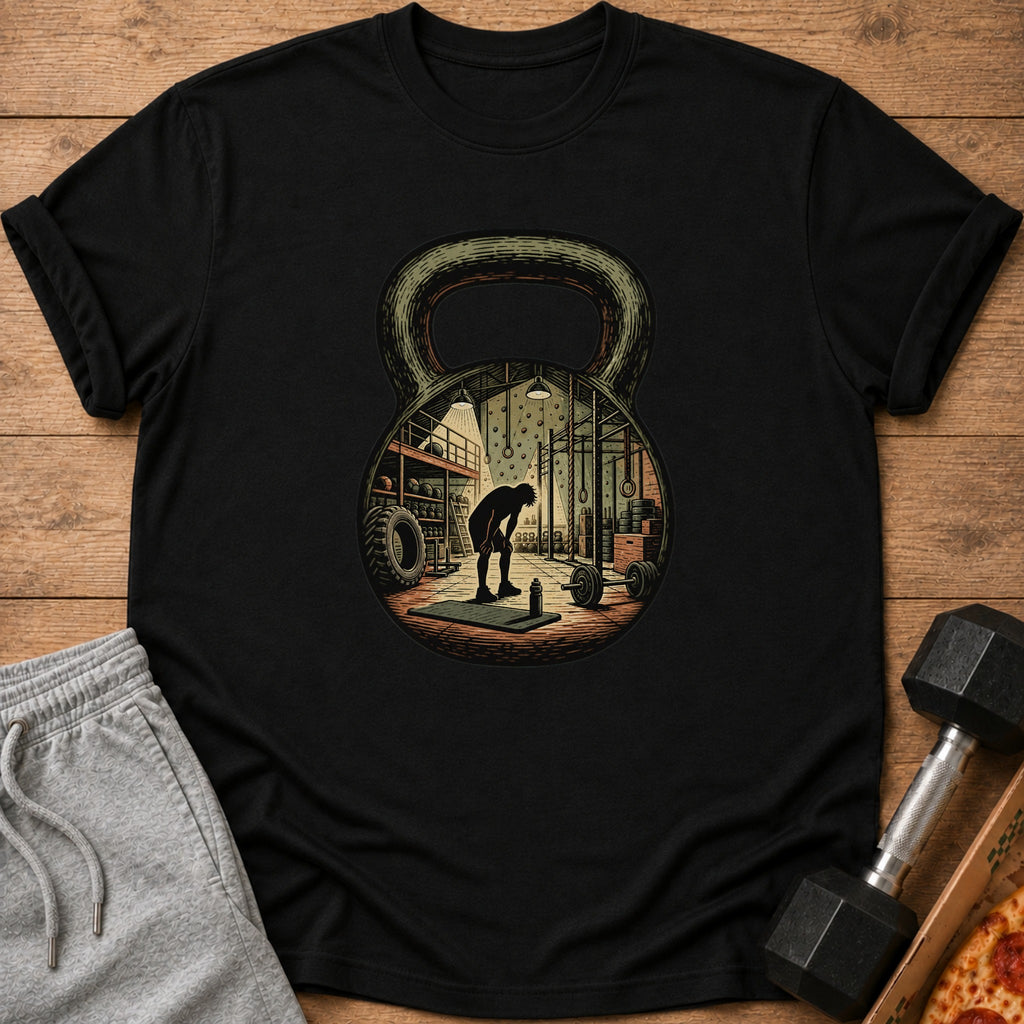 T-shirt graphic of a person in a gym inside a kettlebell silhouette.