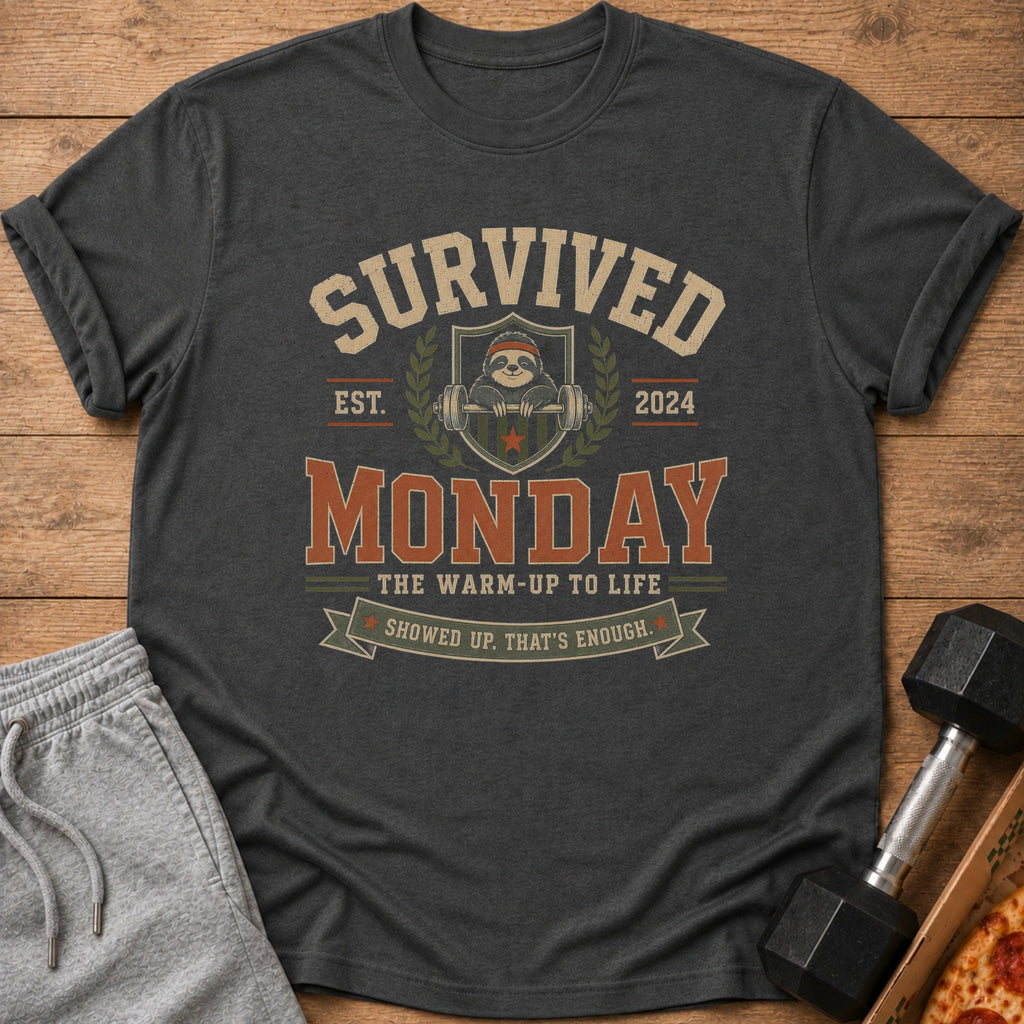 Dark grey t-shirt with "Survived Monday" and a sloth lifting weights graphic.