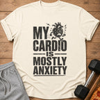 T-shirt with "My Cardio Is Mostly Anxiety" text and running heart graphic.