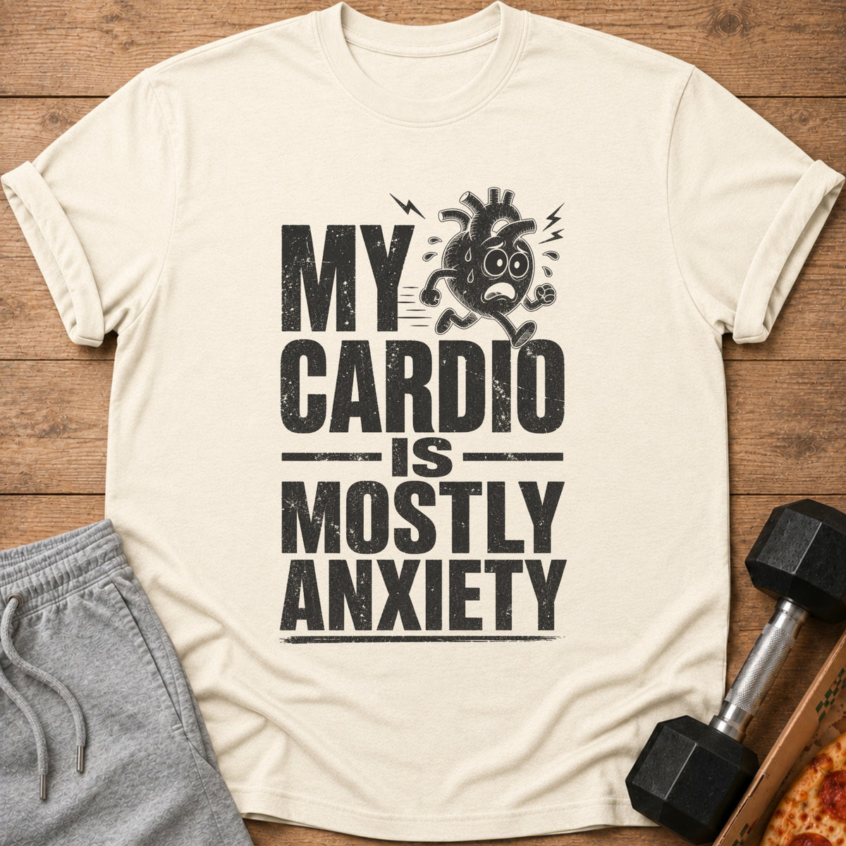 T-shirt with "My Cardio Is Mostly Anxiety" text and running heart graphic.
