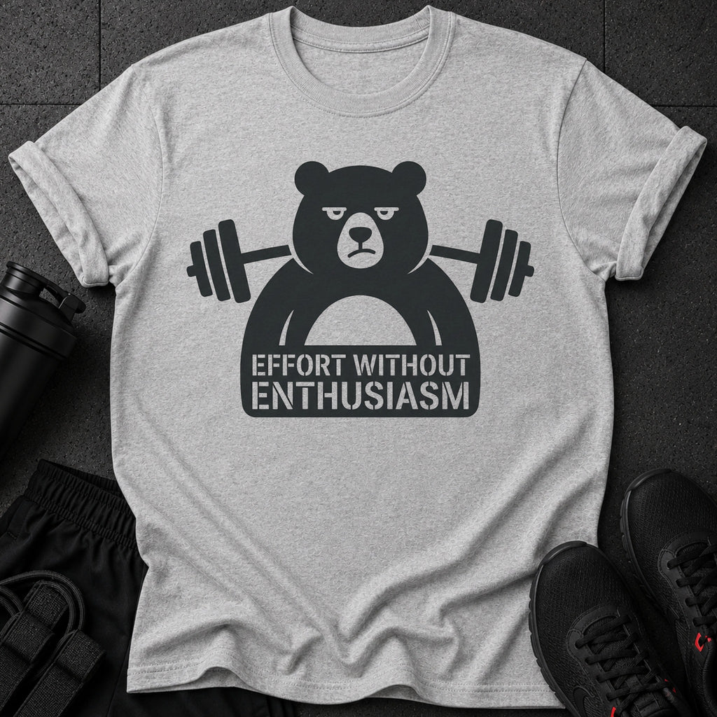 Grey t-shirt with a black graphic of a bear lifting weights and text.