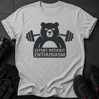 Grey t-shirt with a black graphic of a bear lifting weights and text.