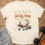 Skeleton relaxing on a bench with dumbbells and text "GYM? SOCIAL HOUR WITH WEIGHTS."