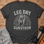 T-shirt with graphic of a tired frog sitting on a bench with weights and text "LEG DAY SURVIVOR."
