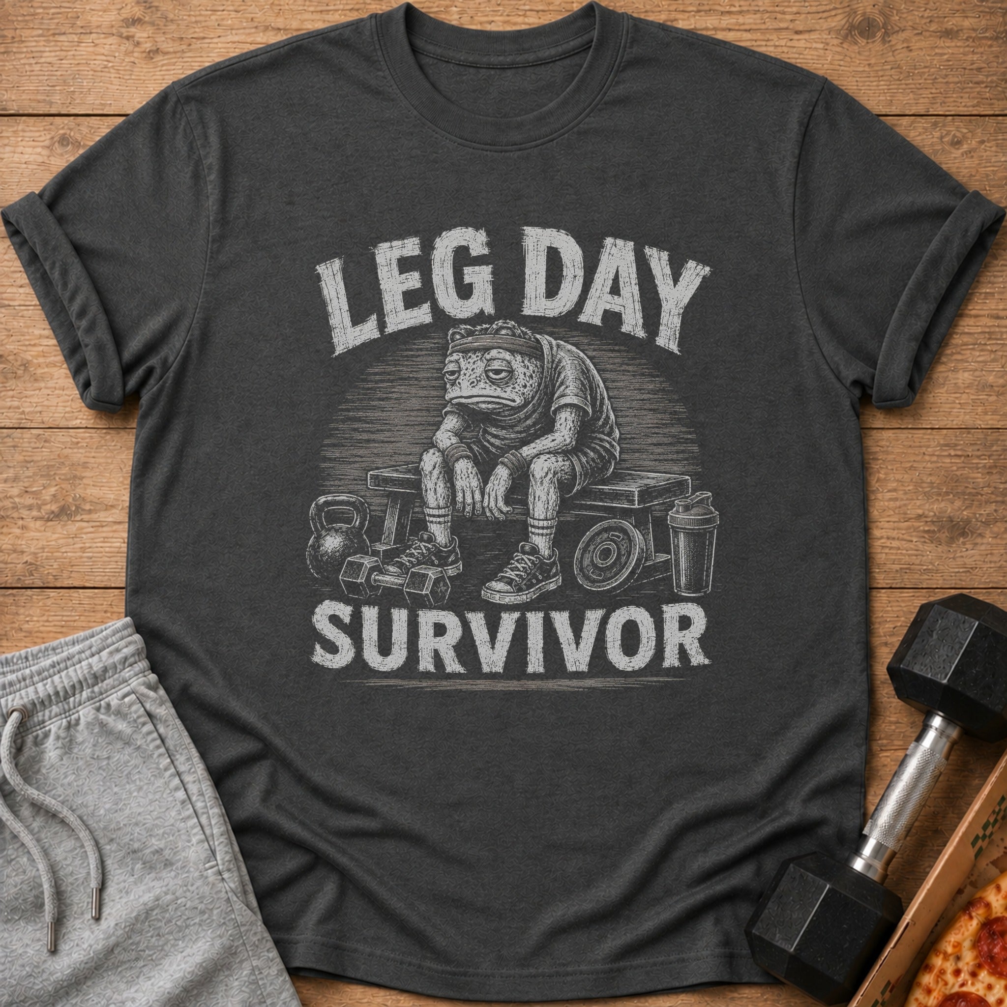 T-shirt with graphic of a tired frog sitting on a bench with weights and text "LEG DAY SURVIVOR."