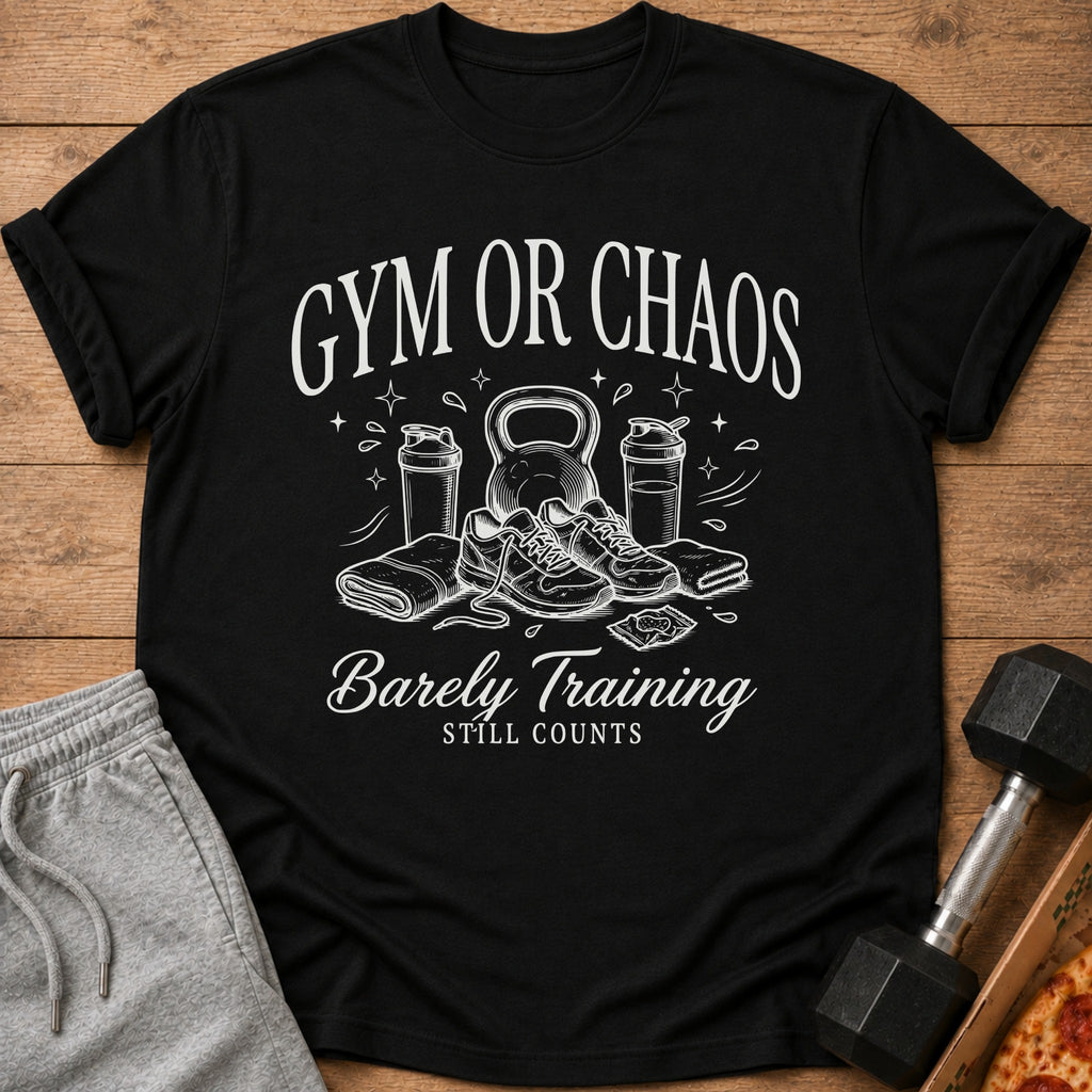 Black t-shirt with white graphic of gym equipment, text "GYM OR CHAOS".