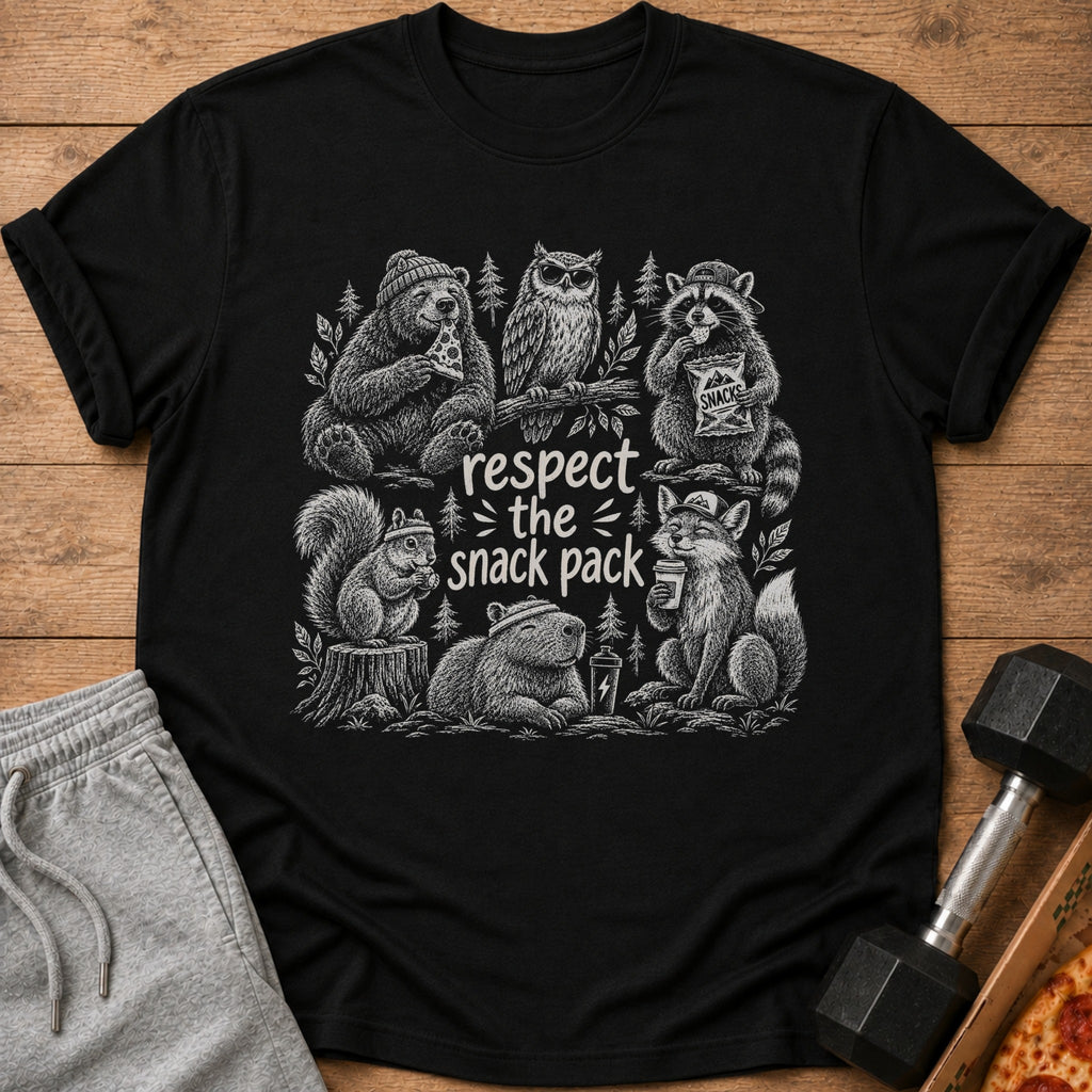 Black t-shirt with illustration of animals eating snacks and text "respect the snack pack".