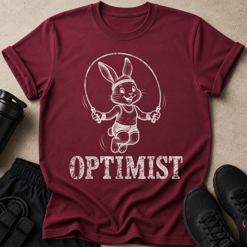 Maroon t-shirt with a jumping bunny graphic and the word OPTIMIST in white text.