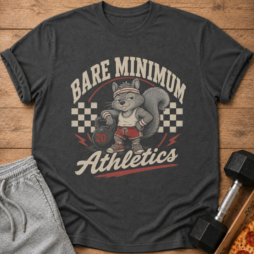 Dark t-shirt with a cartoon squirrel in gym clothes and the text "BARE MINIMUM Athletics."