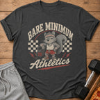 Dark t-shirt with a cartoon squirrel in gym clothes and the text "BARE MINIMUM Athletics."