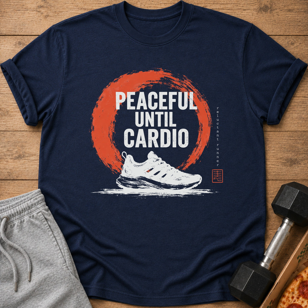 Navy t-shirt with "Peaceful Until Cardio" text, a running shoe, and a circular design.