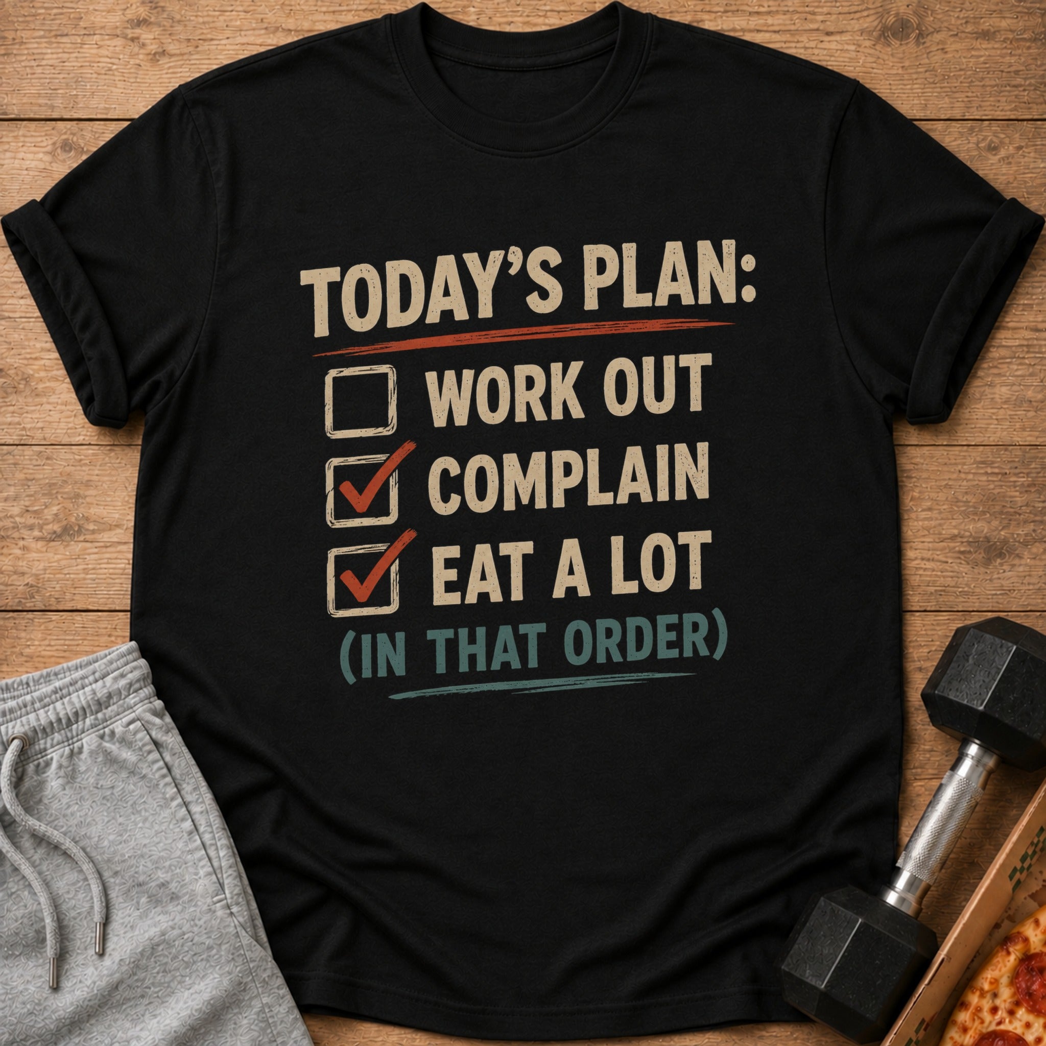 Black t-shirt with text "Today's Plan: Work Out, Complain, Eat A Lot (In That Order)".