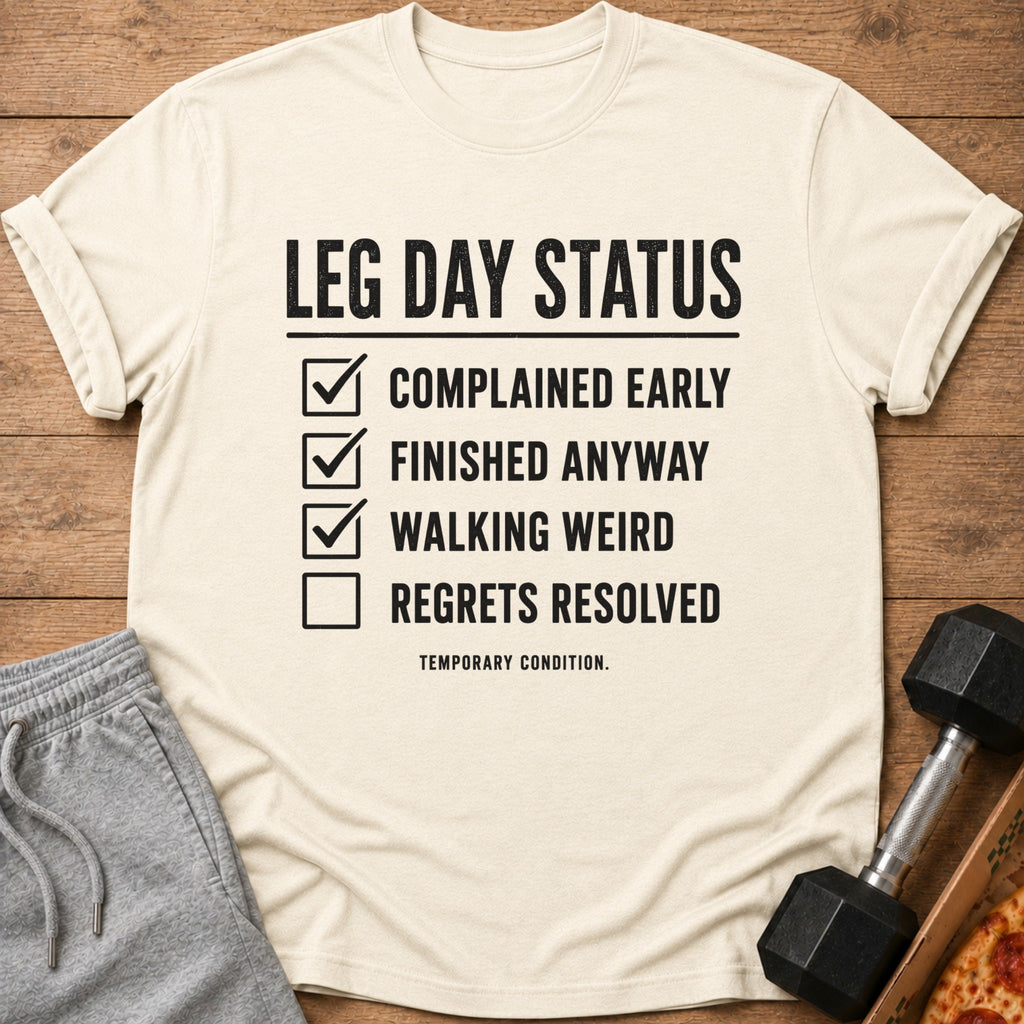 Cream t-shirt with "LEG DAY STATUS" checklist: complained, finished anyway, walking weird, regrets resolved.