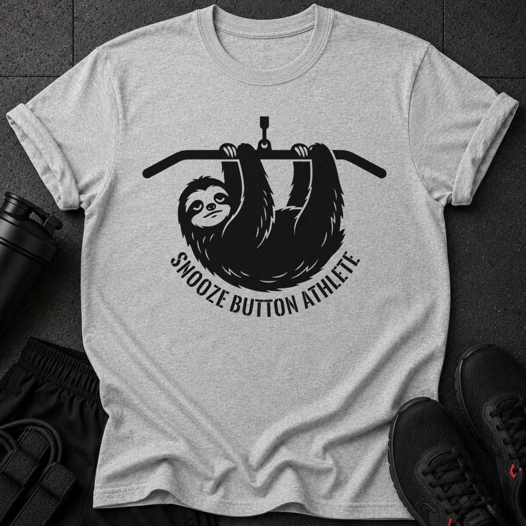 Grey t-shirt with a black sloth illustration and text "Snooze Button Athlete".