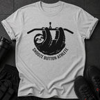Grey t-shirt with a black sloth illustration and text "Snooze Button Athlete".