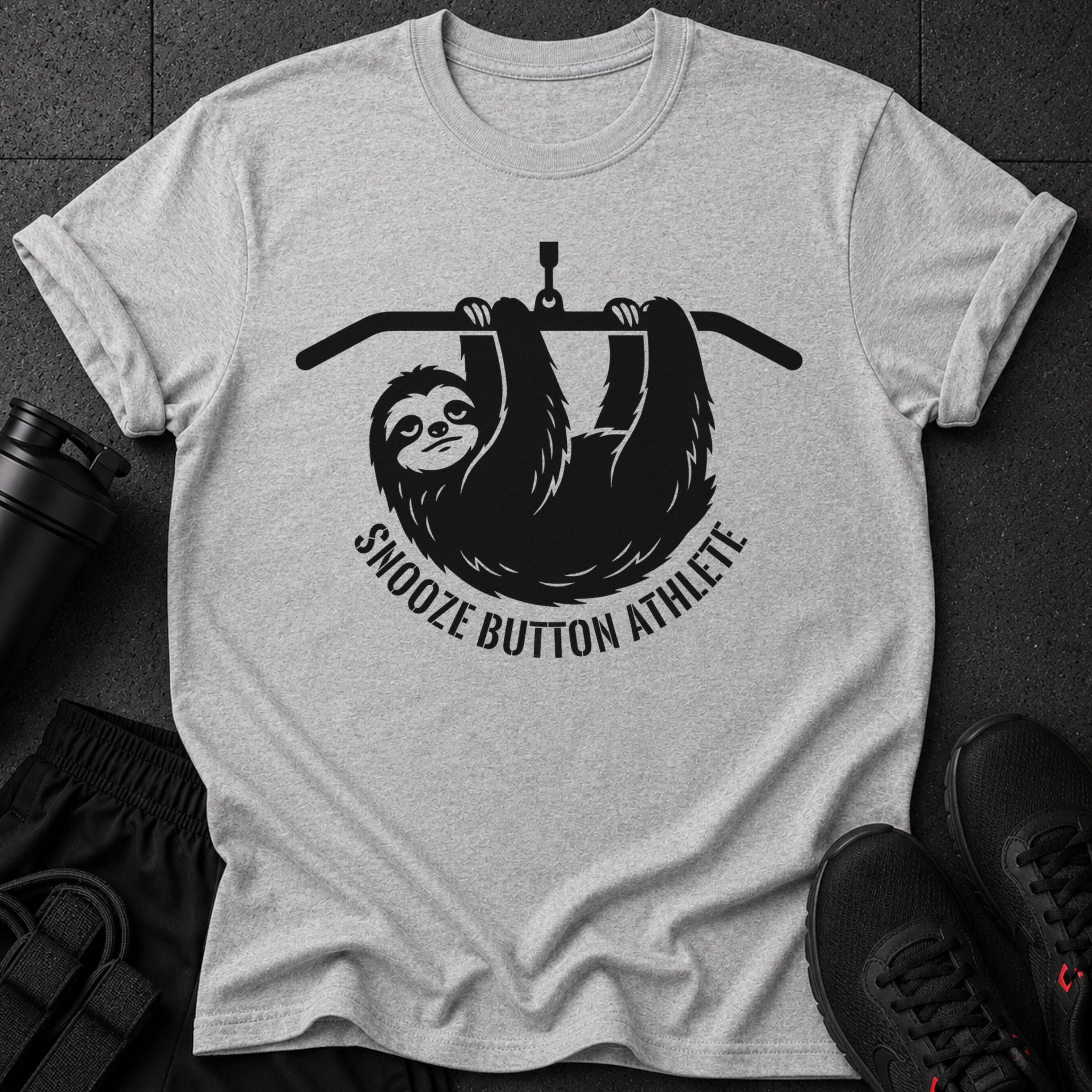 Grey t-shirt with a black sloth illustration and text "Snooze Button Athlete".