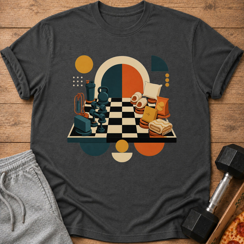 Chessboard graphic with dumbbells, jump rope, protein shaker, slippers, and snacks.