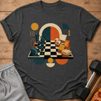 Chessboard graphic with dumbbells, jump rope, protein shaker, slippers, and snacks.