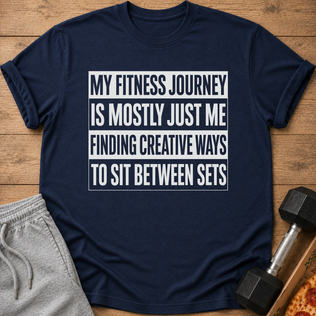 Navy t-shirt with white text "My fitness journey is mostly just me finding creative ways to sit between sets".