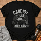 Black t-shirt with a panda lifting weights and the text "CARDIO? I HARDLY KNOW '10".