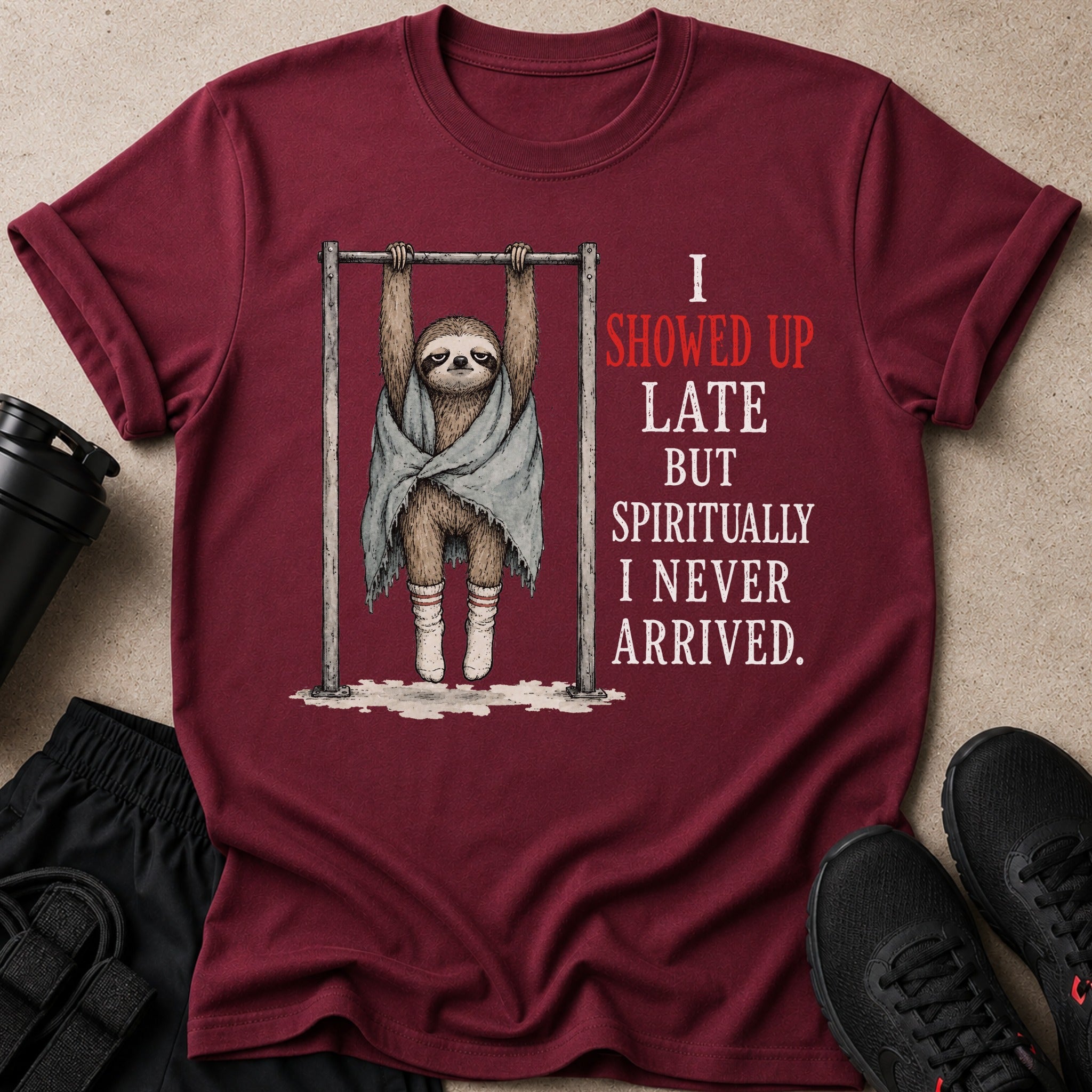 Maroon t-shirt with a sloth hanging on a pull-up bar and the text "I showed up late but spiritually I never arrived."