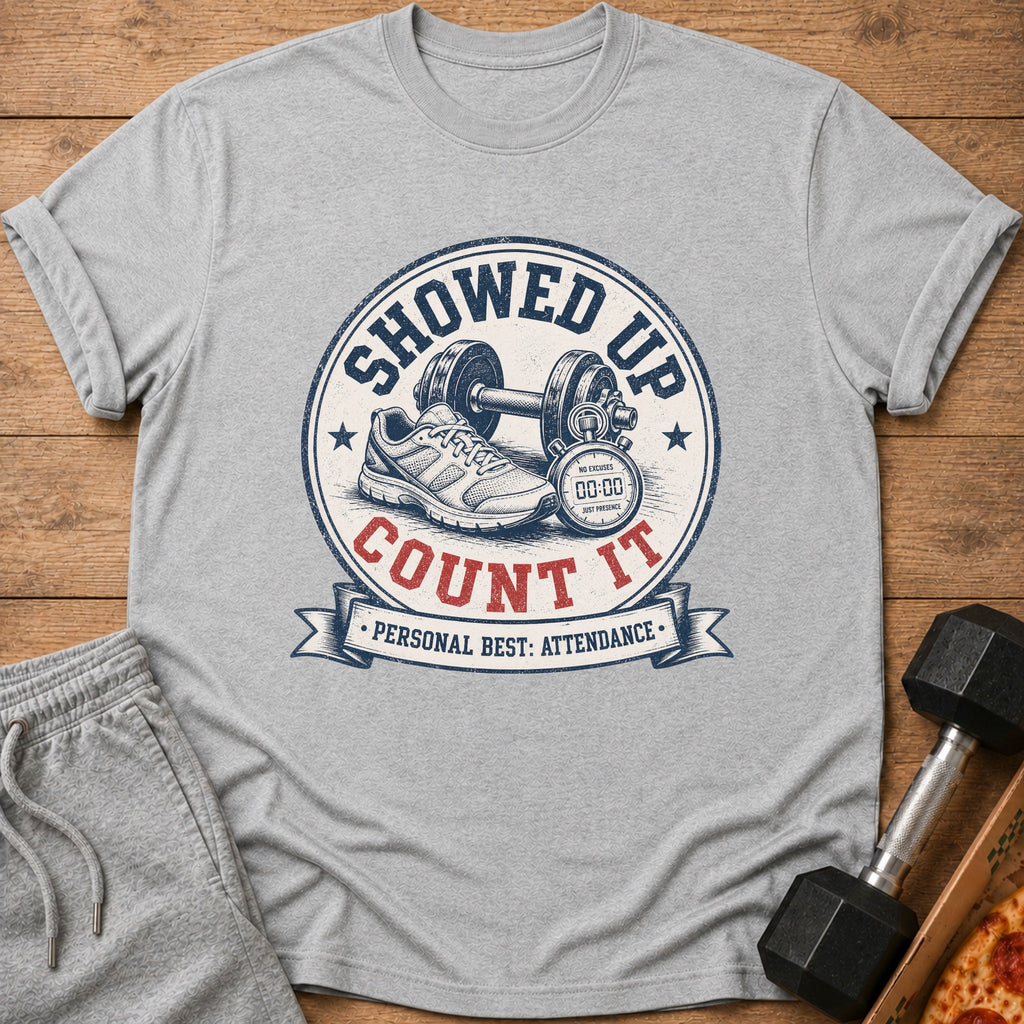 Grey t-shirt with vintage graphic: dumbbell, shoe, stopwatch, and text.