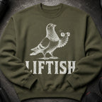 Green sweatshirt with white illustration of a pigeon lifting dumbbells and the word LIFTISH.