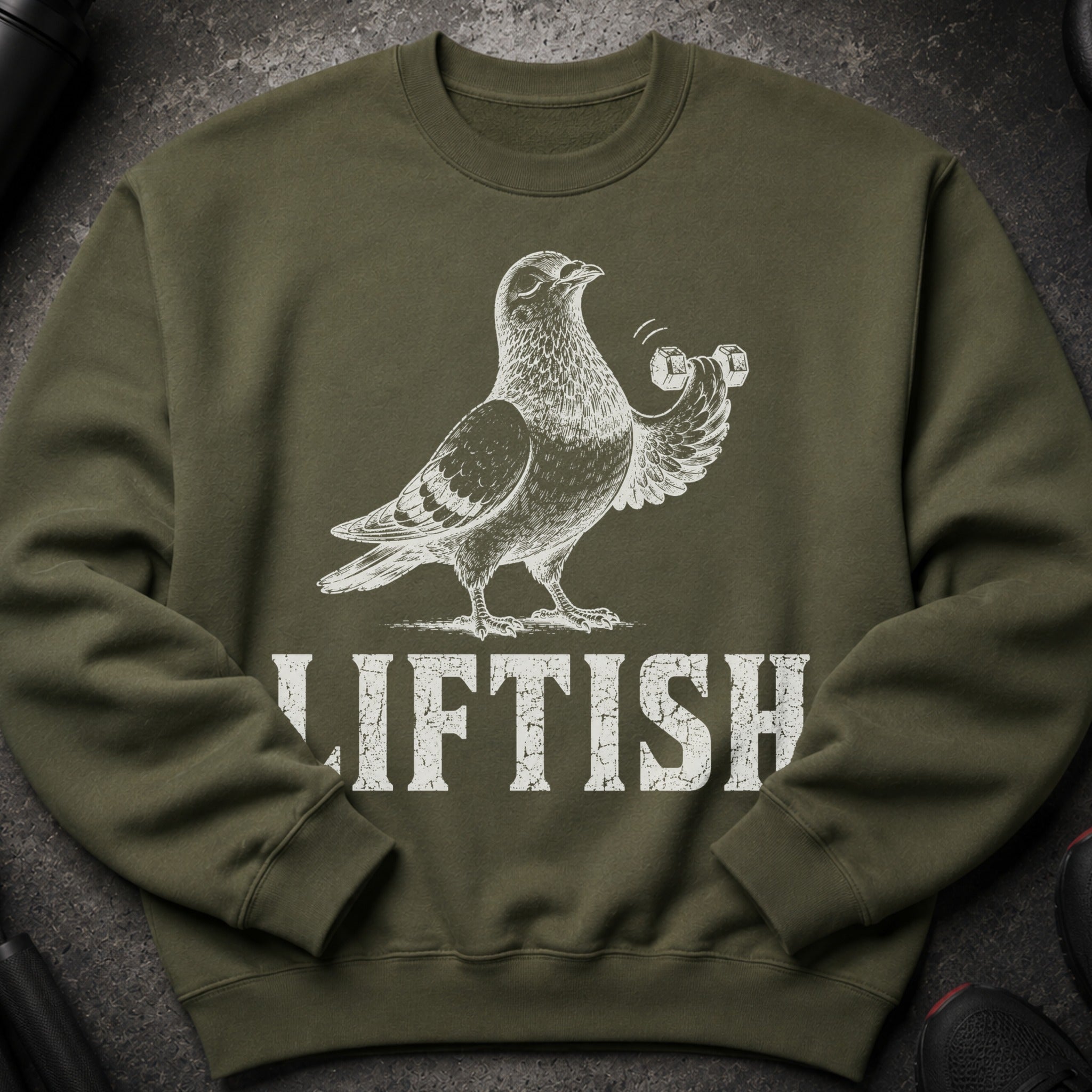Green sweatshirt with white illustration of a pigeon lifting dumbbells and the word LIFTISH.