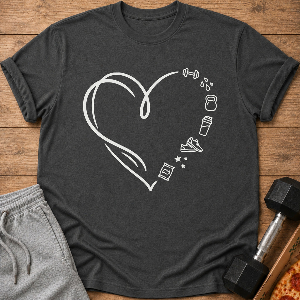Dark grey t-shirt with a white heart outline and fitness icons.