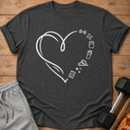 Dark grey t-shirt with a white heart outline and fitness icons.