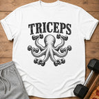 White t-shirt with "TRICEPS" text and octopus lifting dumbbells.