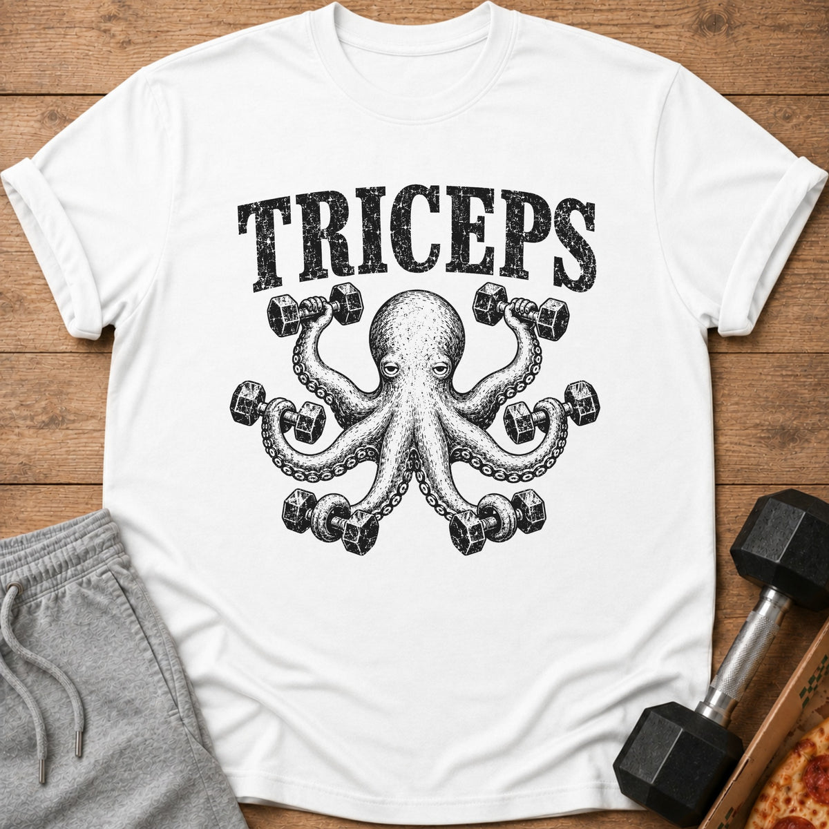 White t-shirt with "TRICEPS" text and octopus lifting dumbbells.