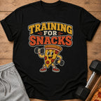 Black t-shirt with "Training For Snacks" text and cartoon pizza lifting dumbbells.