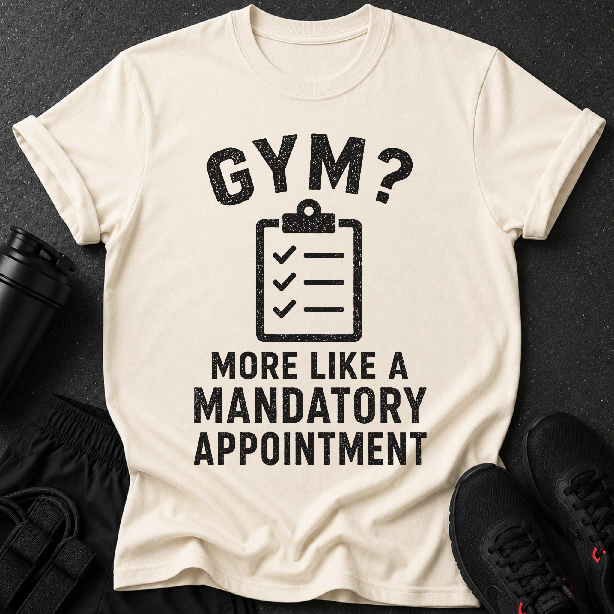 Cream t-shirt with distressed text "Gym? More Like a Mandatory Appointment."
