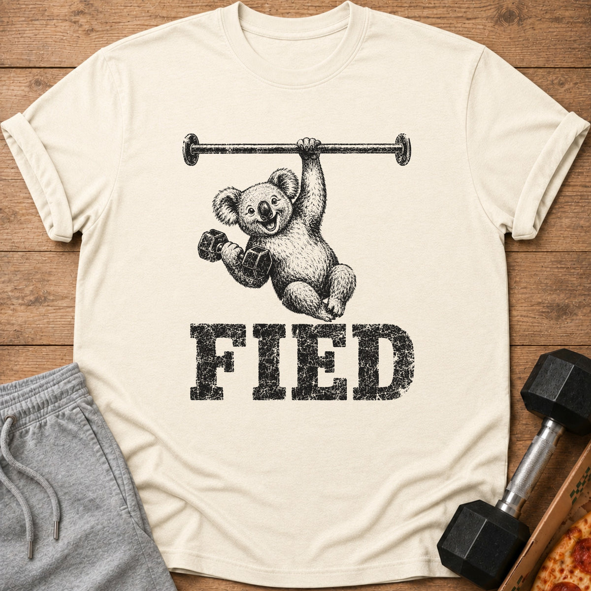 Cream t-shirt with a black graphic of a koala lifting weights and the word FIED.