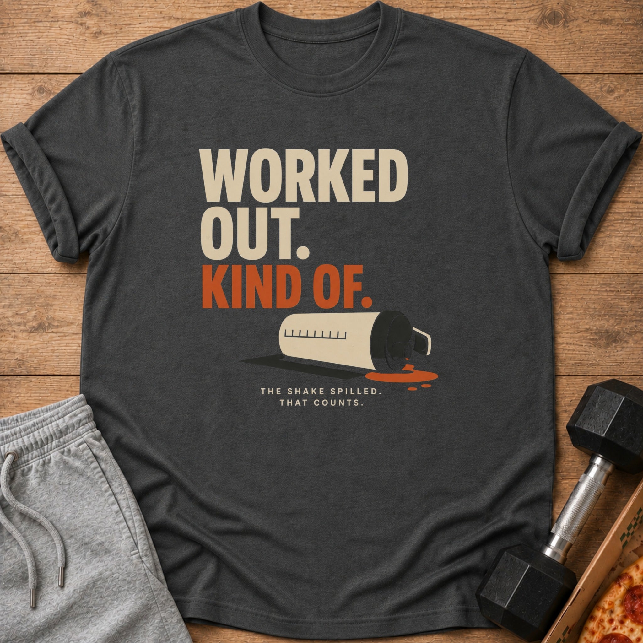 Dark grey t-shirt with "WORKED OUT. KIND OF. THE SHAKE SPILLED. THAT COUNTS." text.